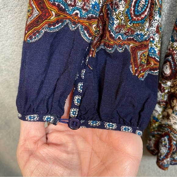 Anna Grace Dress Small Blue Boho Western Print Rayon Long Sleeve Lined - Picture 4 of 13